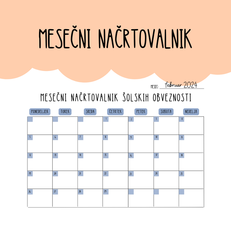 Mesečni načrtovalnik šolskih obveznosti